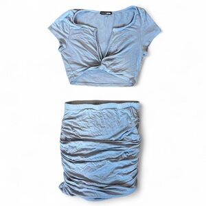 Fashion nova light blue ruched stretchy low cut Bodycon two-piece set